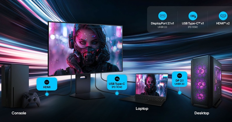 La connectique inclut DisplayPort 2.1, HDMI 2.1 et USB-C 90 W avec hub USB.