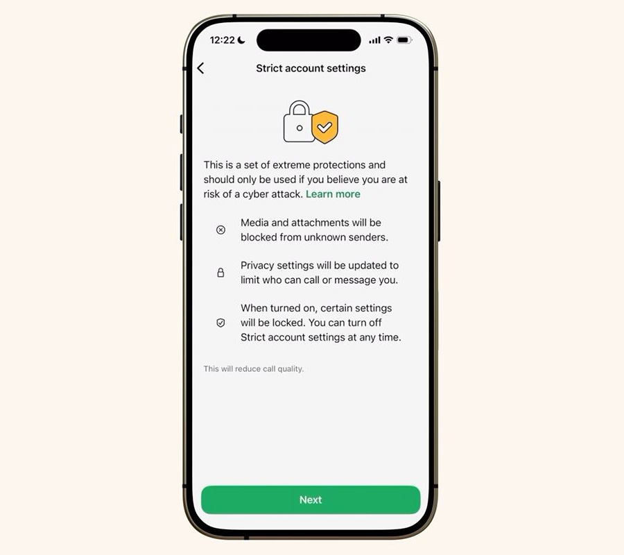 Fonction Strict Account Settings dans WhatsApp