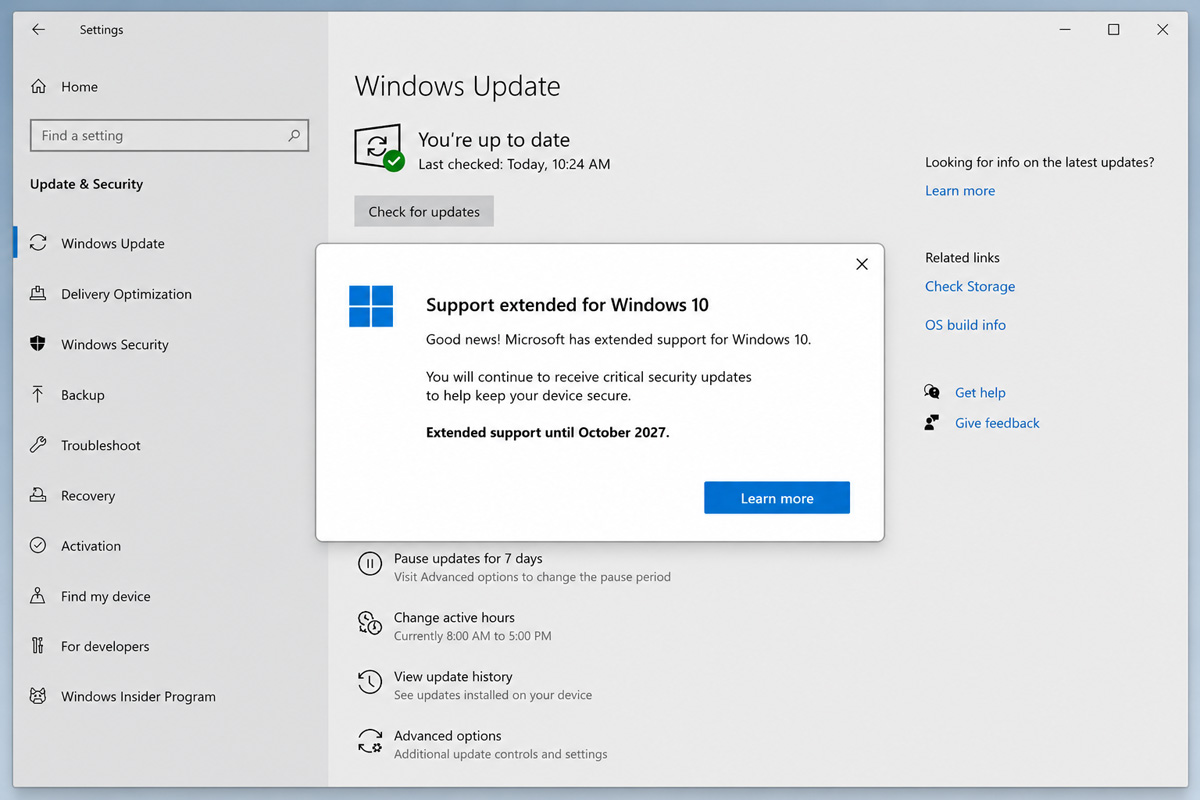 Изображение с информацией о продлении поддержки Windows 10 до 2027 года