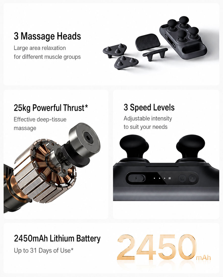 Le Xiaomi Mijia Fascia Gun 3 et ses trois têtes massantes interchangeables.